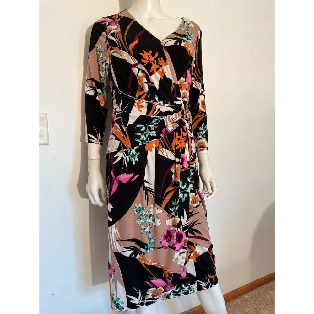 Thalia Sodi Women's Floral V-Neck Faux Wrap Dress Sz L Polyester Blend EUC
